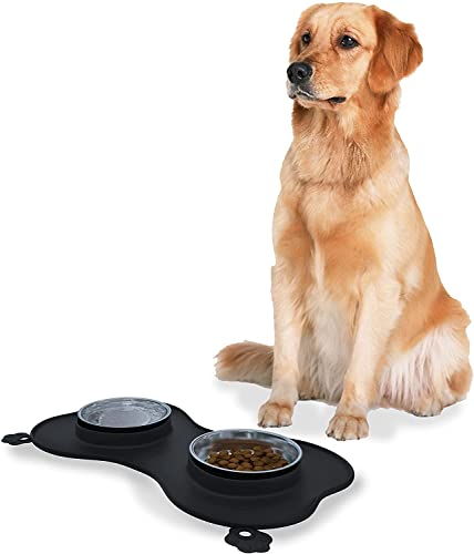 Ciotole In Acciaio Inox Per Cani Gatti 3 In 1 Tappetino In Silicone Sottociotola Antiribaltamento Antiscivolo Con Ventose Doppia Ciotola Croccantini Alimentazione Acqua Cibo (35 x 25 Cm, Nero)