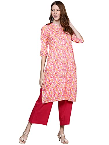 Image of anubhutee Women's Cotton Pink Floral Printed Straight Kurta