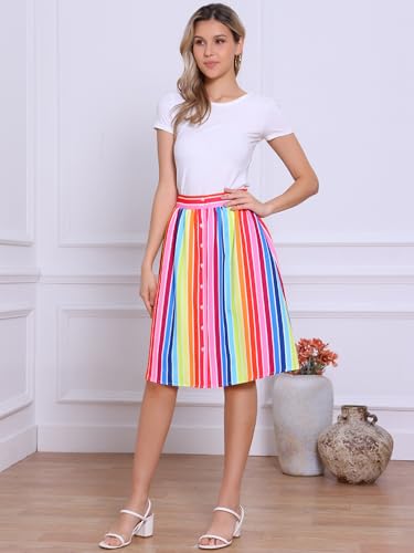 Allegra K Women's Striped Button Front Elastic Back Waist A-Line