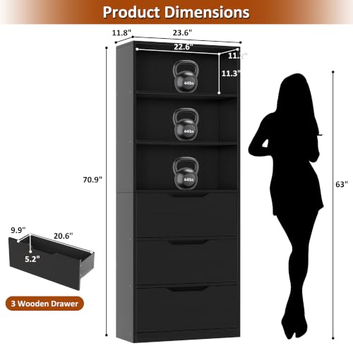 Image of Shintenchi Bookshelf,6-Tier Bookcase with 3 Drawers, 6 Shelf Display Storage Shelves Floor Standing 70.6 inches Tall Bookcase for Home Office, Living Room (Black)