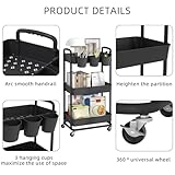 JIUYOTREE 3-Tier Plastic Rolling Storage Cart Utility Cart with Extra Hanging Cups Handles Lockable Wheels for Living Room Bathroom Kitchen Office Black - Image 7