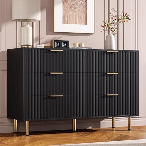 GarveeHome Fluted 6 Drawer Dresser for Bedroom, 47.2 in Wide Modern Chest of Drawers with Deep Drawers, Large Double Dresser TV Stand, Wooden Organize