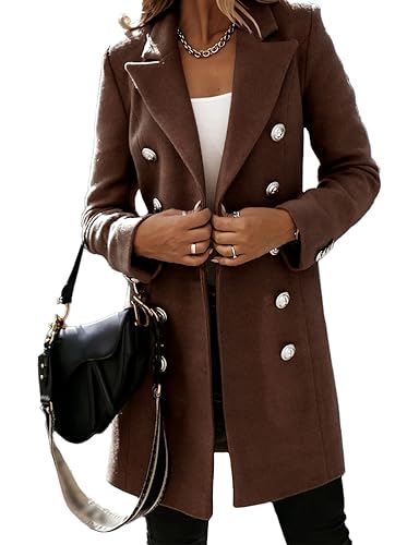 Image of IDEALSANXUN Wool Coats for Women 2025 Fall Winter Clothes Double Breasted Trench Coats Peacoat Overcoats Tweed Blazer Jackets, Brown, L