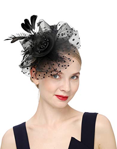 Fascinators Hat For Women Tea Party Headband Kentucky Derby Wedding Flower Cocktail Mesh Feathers Hair Clip (1-A-Black) #TOP1