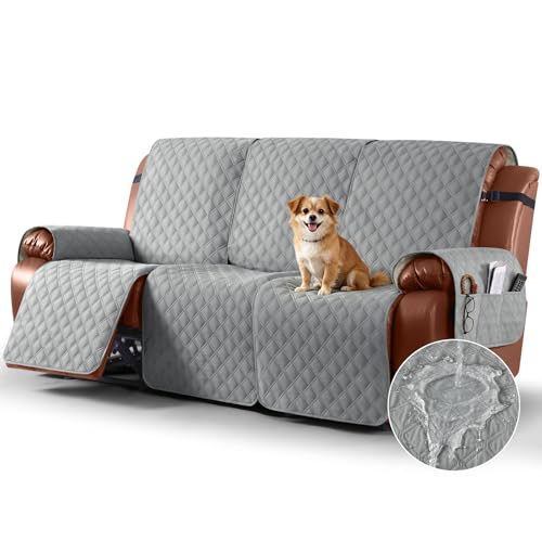 Ruaozz Waterproof Recliner Sofa Cover 1-Piece Couch Covers for Reclining Couches Reclining Sofa Cover Washable Furniture Protector with Elastic Straps Pocket for Kids, Pets (Light Grey, 3 Seater)