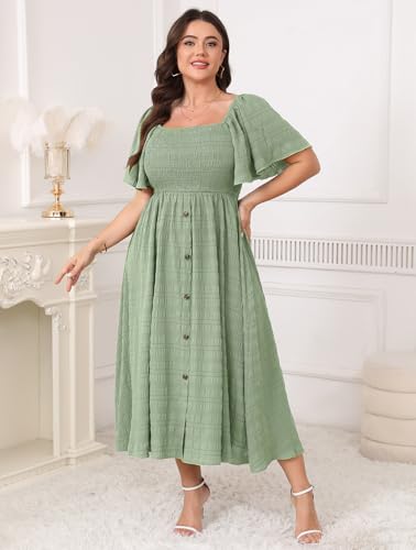 Image of Plus Size Casual Maxi Boho Dress for Curvy Women Short Sleeve Square Neck Smocked Summer Beach Dresses Button Down