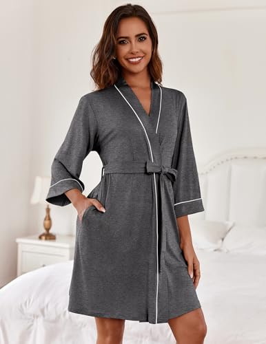 Image of Ekouaer Women Kimono Robes Knee Length Knit Bathrobe Lightweight Soft Sleepwear V-neck Casual Ladies Loungewear