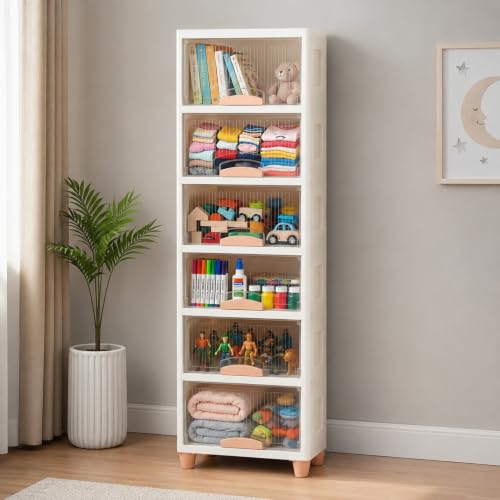 Image of HoopVool Foldable Storage Cabinet, Stackable Plastic Storage Box with Front Opening Door, Dustproof Organizer for Clothes, Toys, Books, Bathroom & Bedroom (6-Tier (33 X 38 X 156 CM))