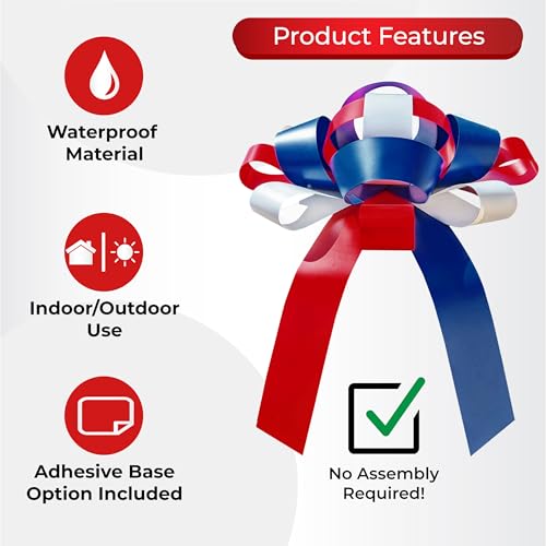 Image of CarBowz Big Car Bow for Decorations and Birthday Gifts, Large Ribbon, Magnet, Safe Sticker, Fully Assembled 30 inch Wide Huge Bow, No Suction Cup Needed (Red /White /Blue)