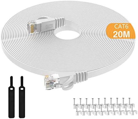 Lovicool 50ft Cat6 Ethernet Cable Flat Gigabit Internet Cables LAN Networking Cable RJ45 High Speed Computer Cable for Router Modem Switch with 20 Cable Clips & Straps
