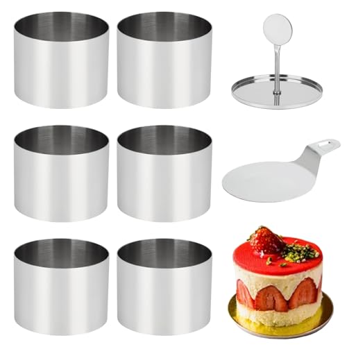 Ismosm 6 Pack Cake Ring Molds With 1 Pusher 1 Lifter, 3 Inch Seamless Mini Cheese Cake Cutter Ring Set, Stainless Steel Mini Food Mold For Mousse, Food Plating, Cookies, Baking (Round)