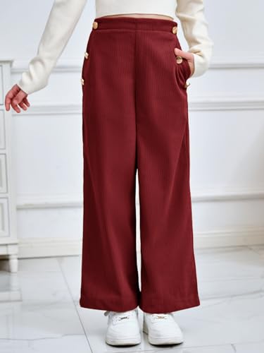 Image of Haloumoning Girls Wide Leg Corduroy Pants Kids Elastic Waist Gold Button Trousers with Pockets 5-14 Years