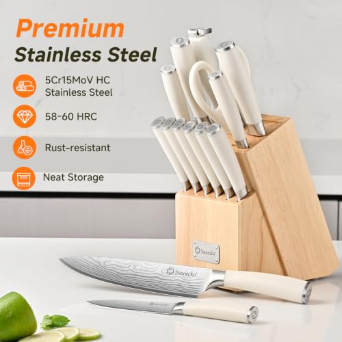 Sunnecko 15-Piece Kitchen Knife Set with Block and Sharpener, White Handle - Image 3