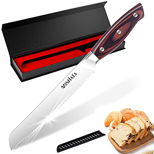 MOSFiATA Couteau Pain - Couteau Cuisine Dentelée Professionnel 20cm - Couteau à Pain, trancheuse à pain avec gaine, avec Poignée Ergonomique en Bois Cover