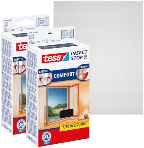 tesa Insect Stop Malla Mosquitera COMFORT para Ventanas - Paquete de 2 - Mosquitera Autoadhesiva con Cierre de Gancho y Bucle - Tela Antimosquitos - Gris Antracita, 2x 120 cm x 240 cm