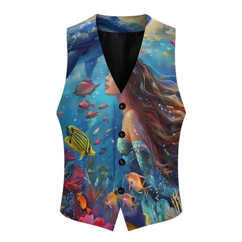 Lady Mermaid Dolphin Whale Ocean Men's Suit Vest Waistcoat Vests Formal Dress with 2 Pockets for Business Casual Tuxedo3