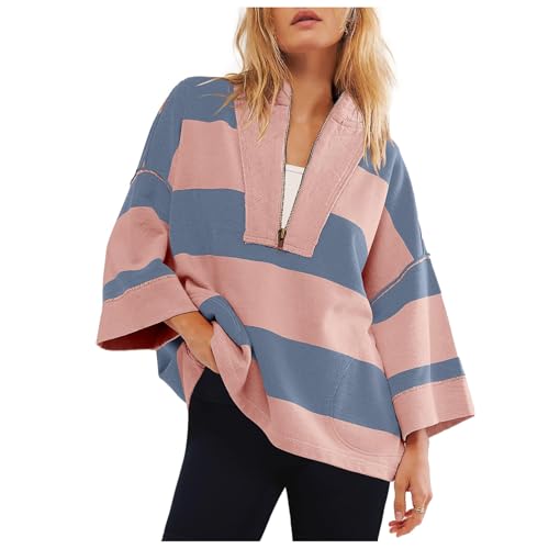 Oversized Striped Sweatshirt for Women Half Zip Long Sleeve Drop Shoulder Color Block Pullover Loose Casual Fall Tops2