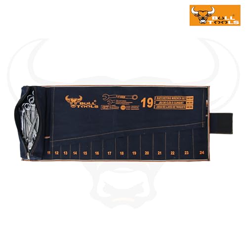 Image of BULL TOOLS Metric Ratcheting Wrench Set (6-32mm), 19-Pocket Roll, with Zip Pouch, Made from Durable Recycled Cotton Canvas for Mechanics, DIYers, and Home Use - Navy Blue