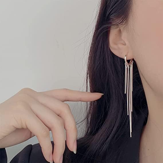 DI QIU REN Silver Women's Tassel Earrings Long Gold Tassel Earrings 925 Silver Chandelier Earrings Threading Long Gold Dangle Earrings