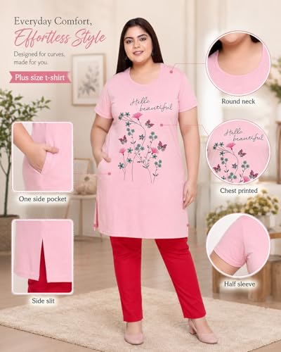 Image of In Love Women's Printed Cotton Plus Size Longline T-Shirt with Pockets | Cotton fabric - soft longline T-shirt with easy plus-size fit
