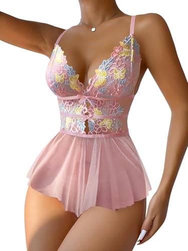 Image of Lilosy Sexy Bows Floral Lace Mesh Babydoll Lingerie Romper