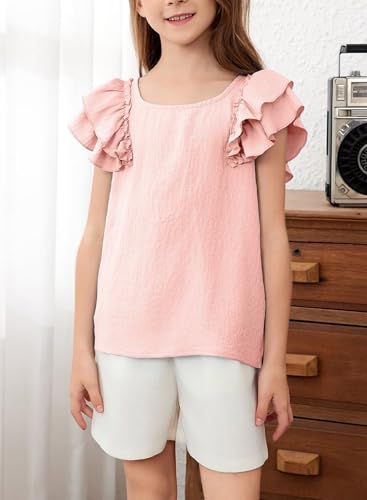 Image of DOKOTOO KIDS Girls Shirts Summer Cute Double Ruffle Short Sleeve Tie Back Bow Tee Tops 6-15 Years