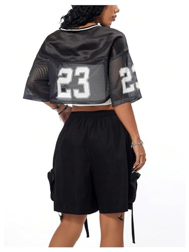 Verdusa Women's Jersey Shirts Hip Hop V Neck Short Sleeve Mesh Crop Top Graphic Tees2