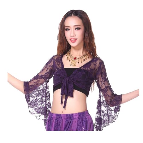 Top da donna per danza del ventre, top avvolgente con maniche svasate a 3/4, top corto con scialle floreale fasciato con nodo per abbigliamento da ballo, top corto con farfalle in pizzo per danza