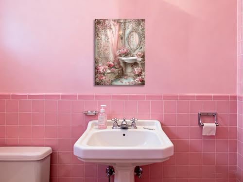 Image of Frimeeme Vintage Pink Bathroom Canvas Wall Art, 12 x 16 In, Ready To Hang