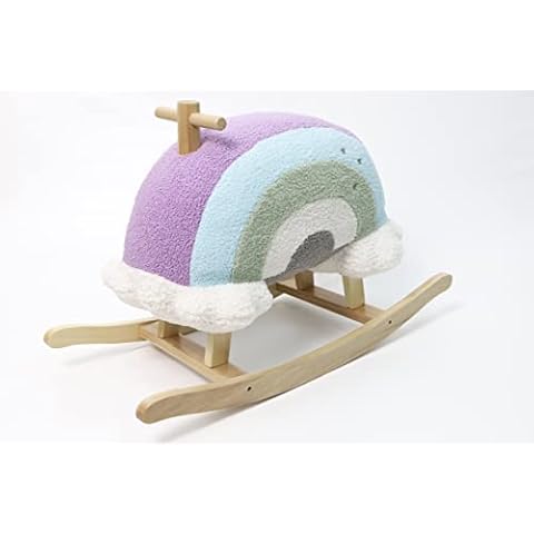 Hopscotch Squad Rainbow Rocker Fully Assembled Natural Wood Rocking Horse with Soft Fleece Multi-Color Puffy Plush Clouds Cover