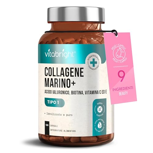 Collagene Marino con Acido Ialuronico | Alto Dosaggio 2450 mg | 120 Capsule | Collagene Marino Idrolizzato + Vitamine C, E, B2, Zinco | Integratore Pelle, Capelli, Articolazioni | VitaBright Collagen