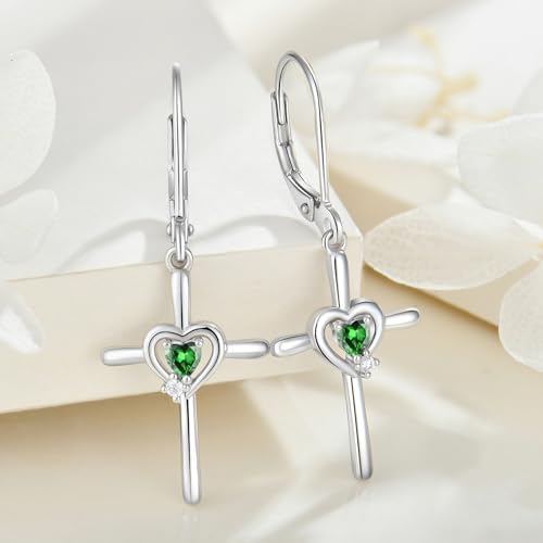 Cross Earrings Sterling Silver Opal Crucifix Dangle Drop Earrings Heart Birthstone Religious Jewelry for Women4