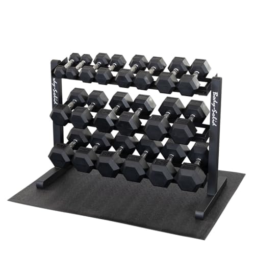 Body-Solid Dumbbell Rack with 20 Rubber 5-50 lb Dumbbells and Floor Mat, Commercial and Home Gym Weight Rack Storage & Organizer Stand, Midnight Black (Black)