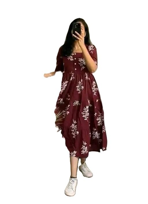 Image of Women's Rayon A-Line Midi Dress, Red and White Floral Print, Short Sleeves, Tiered Design, Round Neck, for Summer Wear