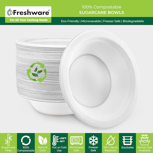 Image of Freshware Paper Bowls - Disposable 16 oz. Soup Bowl, 1000 Pack Biodegradable Sugarcane Fiber Serving Bowls - Heavy Duty Bagasse for Hot Food Plates - Microwave & Freezer Safe, Stackable Dinnerware
