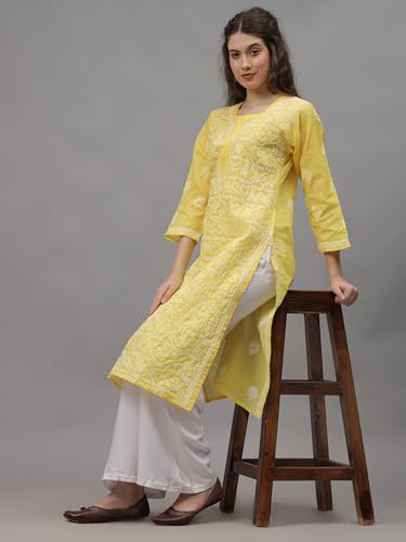 Image of Seva Chikan Hand Embroidered Lucknowi Chikankari Yellow Terivoil Cotton Kurta for Women SCL4520