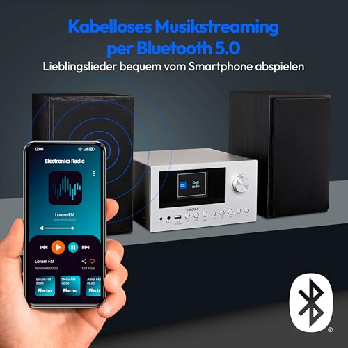 MEDION P85003 Micro Audio System Kompaktanlage (Internetradio, DAB+, PLL UKW Radio, Bluetooth, USB Anschluss, AUX, 2x150 W) Silber