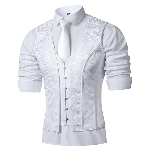 Men Corset Suit Vest White Dress Waistcoat Slimm Fit Medieval Tops For Wedding Stage