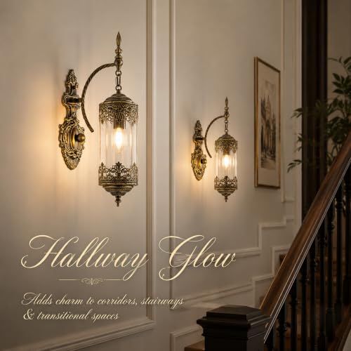 Image of Vintage Wall Sconce with Glass Shade, Rustic Farmhouse Wall Light Fixture, Antique Gothic Decorative Metal Wall Lamp for Hallway, Bedroom, Living Room, Entryway, 2-Pack