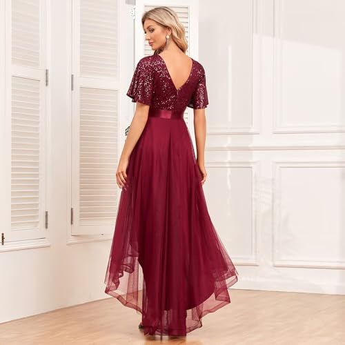 Corset Flutter Sleeve Hi Low Mother of The Bride Dresses V Neck Sparkly Formal Dress for Women DI2634