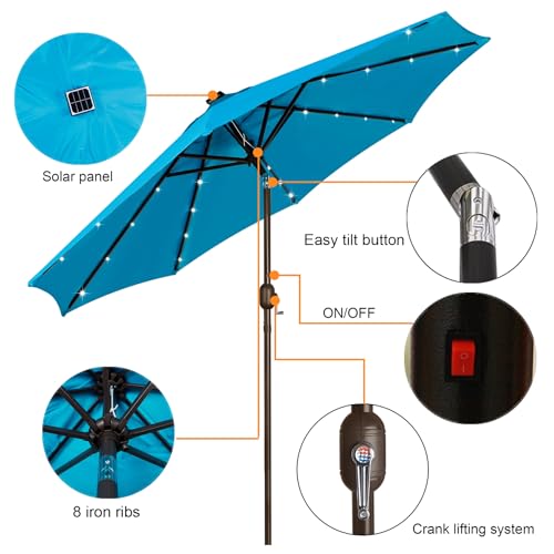 Image of Blissun 9 ft Solar Umbrella, 32 LED Lighted Patio Umbrella, Table Market Umbrella, Outdoor Umbrella for Garden, Deck, Backyard, Pool and Beach (Light Blue)