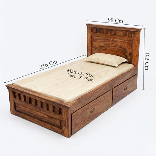 Image of SONA ART & CRAFTS Kuber Solid Sheesham Wood Single Bed (78x36) Furniture with Two Drawer Storage for Bedroom Solid Wood Bed Single Size Palang Wooden Cot Hostel Bed Living Room (Natural Finish)