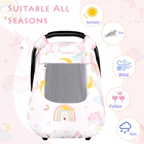 Image of Baby Carseat Cover Girls, Pea Pod Unicorn Infant Car Seat Covers Canopy for Newborn with 2 Layers Windows of Breathable Mesh /Fabric, Lightweight Polyester /Minky Dot Backing, Snug Fit