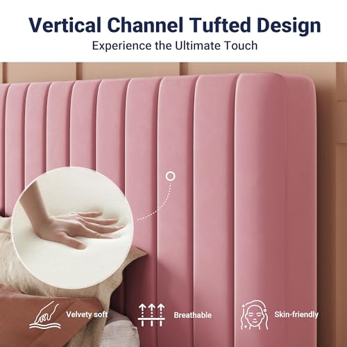 Image of Allewie Twin Bed Frame, Velvet Upholstered Platform Bed with Adjustable Vertical Channel Tufted Headboard, Mattress Foundation with Strong Wooden Slats, Box Spring Optional, Easy Assembly, Pink