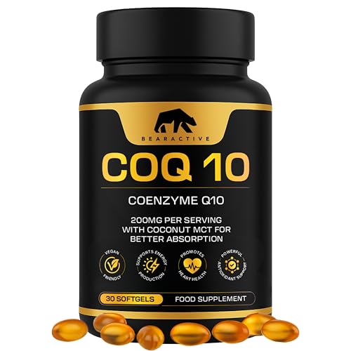Bearactive CoQ10 Supplement Softgels - Heart Health, Energy & Recovery - Coenzyme Q10 High Strength - Q10 Coenzyme Ubiquinone – 30 Vegan Softgels with Coconut MCT Oil (COQ10 200mg - 30 Softgels)