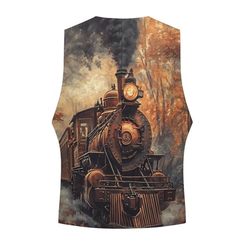 Steam Train in The Autumn Forests Formal Suit Vest for Men Waistcoat Printing Business Casual Dress for Tuxedo4
