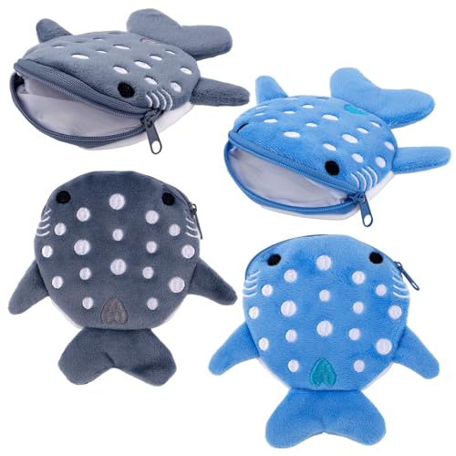 4pcs Whale Shark Coin Purse, Funny Plush Coin Pouch with Zipper Cute Shark Wallet Whale Sea Animal Change Purse for Headphones Coins Banknotes and Lipstick for Kids Women