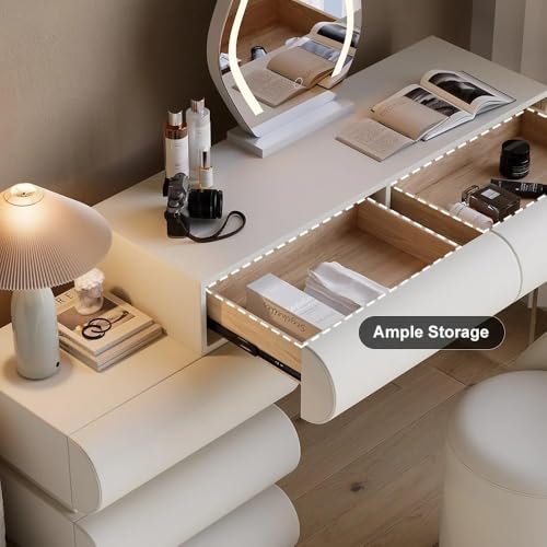 Image of homary White Makeup Vanity Set with LED Mirror and Dressing Stool, Modern PU Leather Dressing Table with Drawers for Bedroom, Ideal for Women Girls (White)