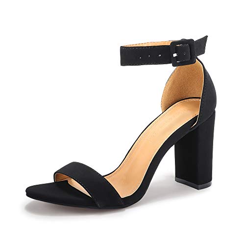SHOWHOW Women’s Chunky High Heel Open Toe Sandals Ankle Strap Wedding Dress Evening Pump Shoes With Buckle Black Nubuck…