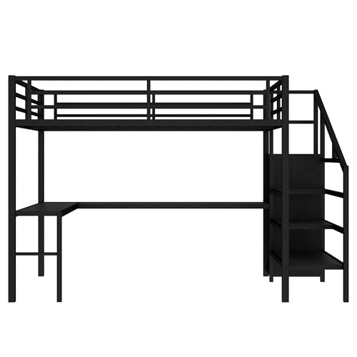 Image of Bellemave Queen Size Loft Bed with Desk and Wardrobe Storage Stairs and Wardrobe, LED USB, Loft Bed for Teens Metal, Black